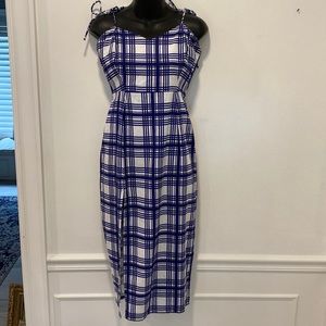 Rue Stiic Blue White and Black Plaid Dress Long Slit Shoulder Ties Small